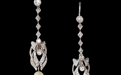 FINE PAIR OF PEARL AND DIAMOND EARRINGS platinum bright and...