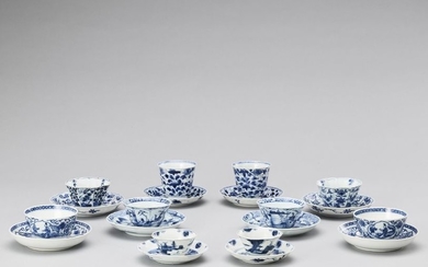 FIVE PAIRS OF BLUE AND WHITE CUPS WITH...