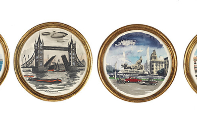 FREDERIC LLOVERAS (Barcelona 1912-Tossa de Mar 1983) "Florencia / Madrid / New York / London" Set of 4 watercolours on paper in the form of a tondo, framed separately Signed Measurements: 25 x 25 cm. (each) Price: 500 Euros (83.19