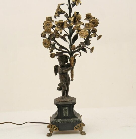 FRENCH BRONZE CANDELABRA WITH CUPID, 19TH C.