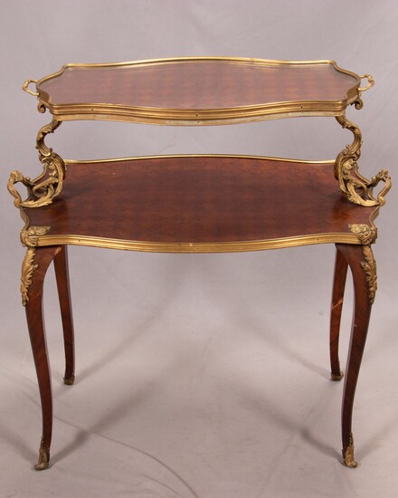 FRENCH LOUIS XV STYLE VIOLET WOOD VENEER AND GILT BRONZE FRAME TEA TABLE IN THE STYLE OF LEON MESSAGE, LATE19TH.C. H 35", W 33", D 19"