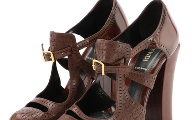 Fendi Brown Embossed Leather T-Strap Cut Out Brogue Pumps, 2011