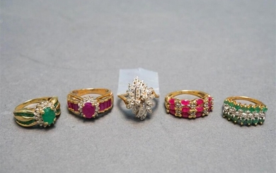 Five 10-Karat Yellow-Gold and Gem-Set Rings, 10 gross dwt, Sizes from 3-1/2 to 4-1/2