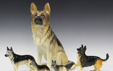 Five Beswick models of Alsatians, Nos. 969, 1762A, 1762B, 2410 and 3073, together with a group of ot