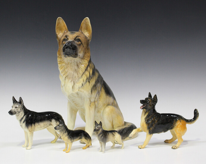 Five Beswick models of Alsatians, Nos. 969, 1762A, 1762B, 2410 and 3073, together with a group of ot