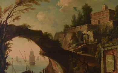Follower of Claude Joseph Vernet, A rocky coastal inlet with figures at a fountain