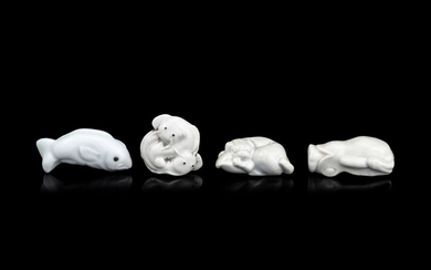 Four Japanese White Glazed Porcelain Animal-Form Netsuke