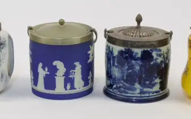 Four biscuit barrels, 19th - 20th centuries, to include a Wedgwood blue...