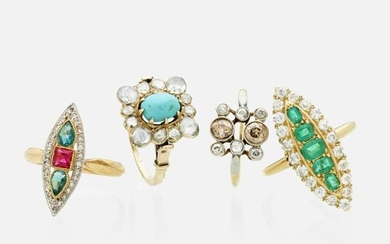 Four gem-set gold rings