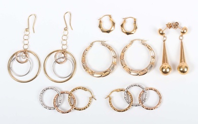 Four pairs of 9ct gold earrings in a variety of designs, and another pair of gold earrings in a face