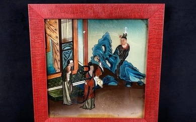 Framed Antique Chinese Reverse Glass Painting Noble Ladies Courtship