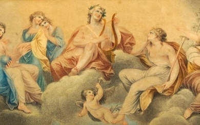 Francesco Bartolozzi RA, Italian 1727-1815- Apollo and the Muses; stipple engraving printed in colours, bears labels to the reverse, 19 x 46 cm