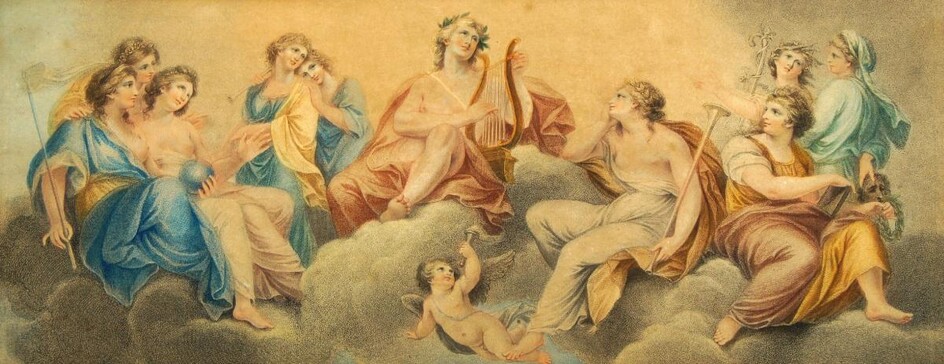 Francesco Bartolozzi RA, Italian 1727-1815- Apollo and the Muses; stipple engraving printed in colours, bears labels to the reverse, 19 x 46 cm