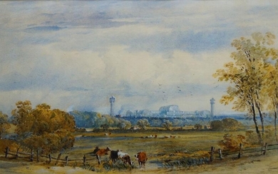 Frederick Earp, British 1827-1897- View of Crystal Palace from Dulwich; watercolour and bodycolour heightened with white on paper, signed 'Fred Earp' (lower right), titled, dated, and inscribed 'Crystal Palace from Dulwich - 1860 - / sketched on...