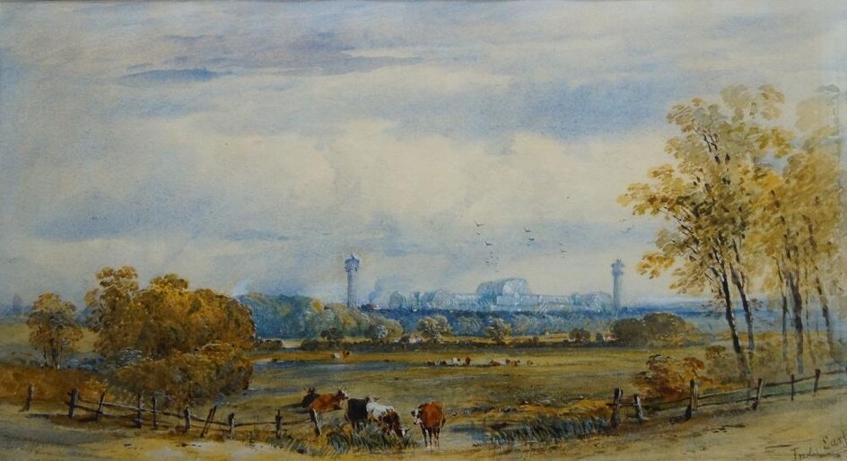 Frederick Earp, British 1827-1897- View of Crystal Palace from Dulwich; watercolour and bodycolour heightened with white on paper, signed 'Fred Earp' (lower right), titled, dated, and inscribed 'Crystal Palace from Dulwich - 1860 - / sketched on...