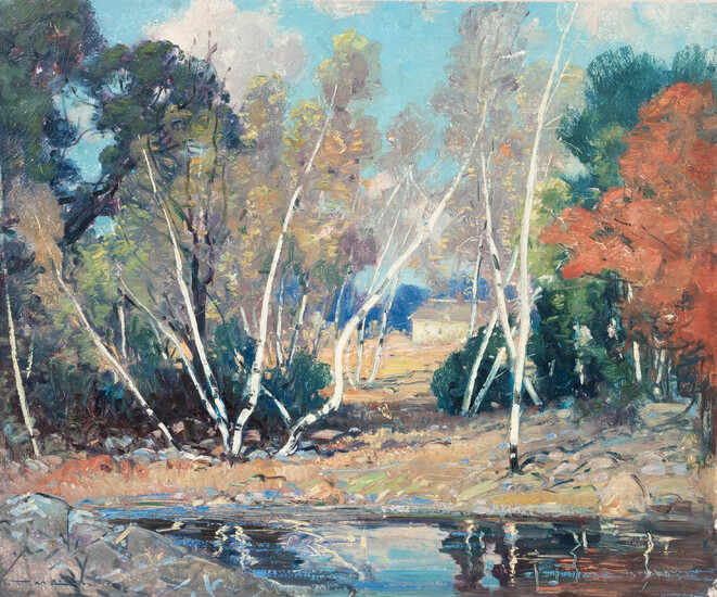 Frederick Mortimer Lamb (American, 1861-1936) Birches Near a Forest Pool signed '.F.M.LAMB' (lower left) 18 x 22 in. (46.0 x 55.5 cm) (unframed)