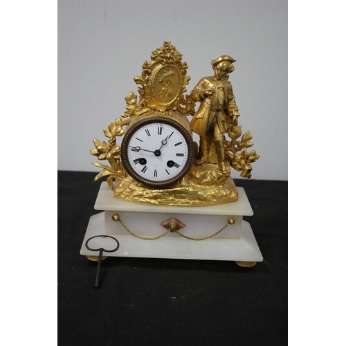 French 1870 Spelter & Marble Clock Glass Front Missing