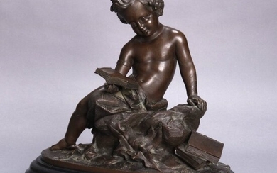 French Figural Classical Bronze Reading Cupid Sculpture