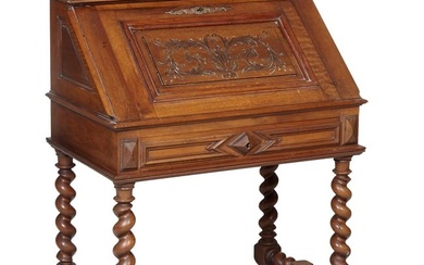 French Louis XIII Style Carved Walnut Fall Front Secretaire, 19th c., stepped moulded top, foliate