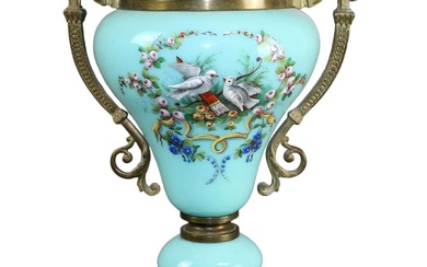 French blue opaline glass vase with hand painted lovebirds