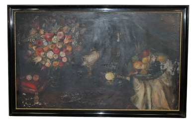French large oil on canvas painting still life with flowers...