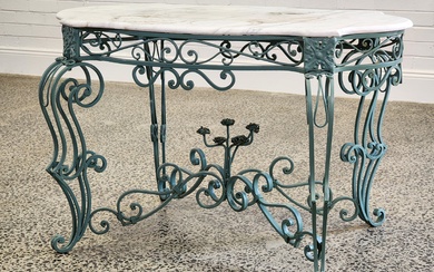 French ornate wrought iron occasional table with shaped marble top (78 x 125 x 72cm)