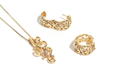 GOLD AND DIAMOND NECKLACE AND EARRINGS, 15g