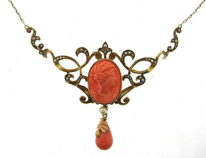 GORGEOUS 14k Yellow Gold, Coral & Seed Pearl Necklace