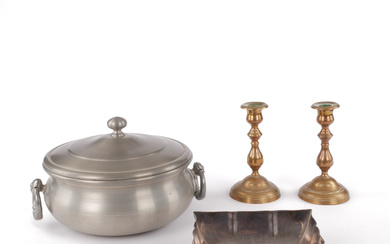 GRÖTSKÅL, CANDLESTICKS, A set of 4 pewter bowls, brass and nickel silver, 20th century.