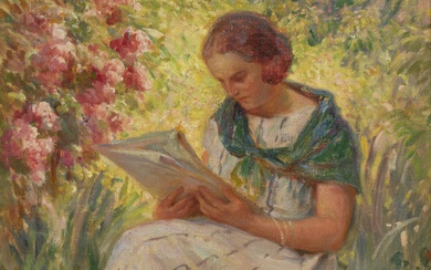 Georges D'ESPAGNAT (1870-1950), "La lecture", huile sur panneau