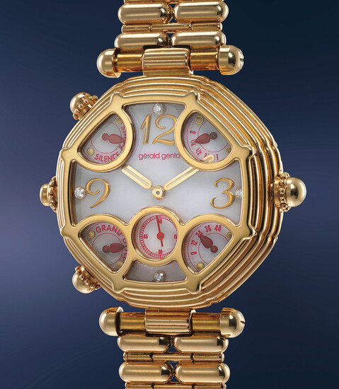 Gérald Genta, Ref. G.0027.7 A historically significant and unique pink gold automatic two train minute repeating grande and petite sonnerie tourbillon wristwatch with power reserve, diamond-set mother-of-pearl dial, bracelet and Westminster Chimes