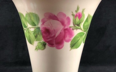 German Hand Painted Porcelain Urn Vase Pink Flowers Green Leaves