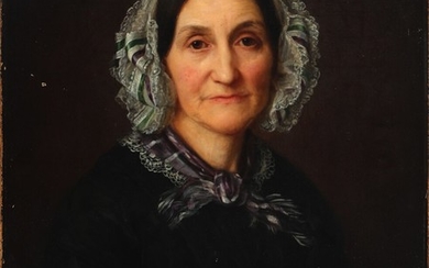 German painter, 19th century: Portrait of a woman. Inscribed. Oil on canvas laid on panel. 63×51.5 cm. Unframed.