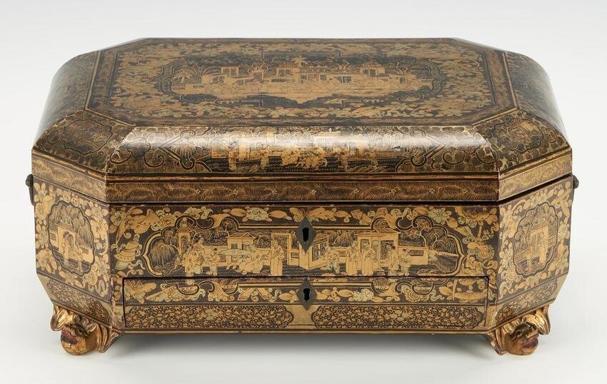Gilt Lacquer Chinese Export Sewing Box with Contents