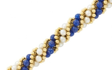 Gold, Cultured Pearl and Lapis Bead Torsade Bracelet