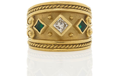Gold, Diamond and Emerald Cigar Band Ring