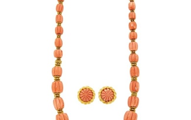 Gold and Carved Coral Bead Necklace and Pair of Earclips