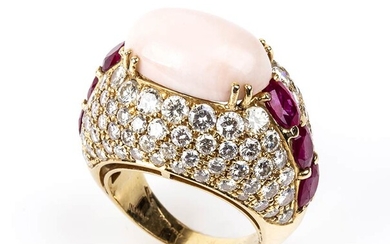 Gold, rubies, pink angel skin coral and diamonds ring -...