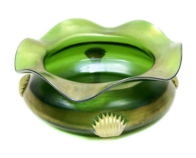 Green Iridescent Art Glass Bowl w Applied Tendrils