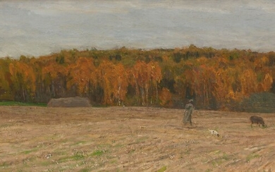 Gritsai, Aleksei Mikhailovich, Schafherde mit Hirtem vor goldenem Herbstwald