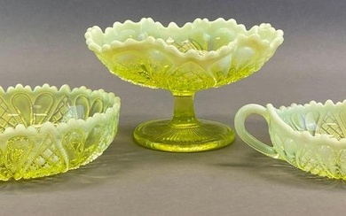 Group of 3 Davidson Style Cut Yellow Vaseline Glass Items