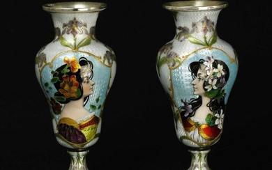 Guilloche enameled on silver vase portrait, two pieces