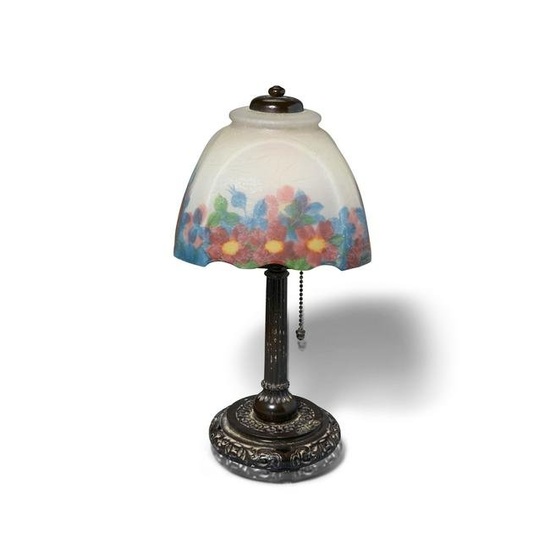 HANDEL (ESTABLISHED 1885) Small Floral Table Lampcirca 1920interior painted glass, patinated met...