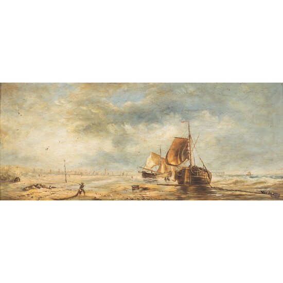 HOOG, VAN DE? (Maler/in 19. Jh.), "Segelboote an der Küste"