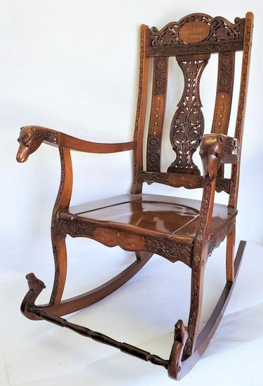 Hand Carved Rocking Chair With Floral and Camel Design