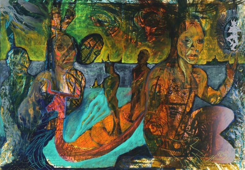 Hans Oldau Krull: Composition from “Dream boats”. Signed and dated H Krull, 08. Acryllic on board. 98×140 cm.