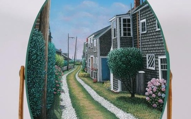 Harriet Mottes Finely Painted Cherry Shaker Box "Front Street, 'Sconset, Nantucket"
