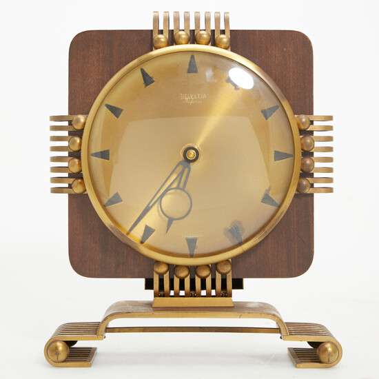 Helvetia, Art Deco table clock / mantel clock, model 'Reform', brass, wood, Switzerland.