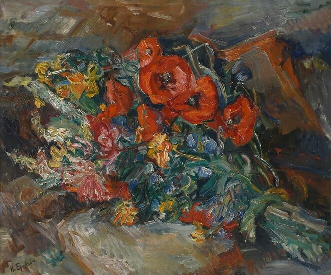 Henri Epstein (russe/français 1892-1944) Nature morte avec un bouquet de fleurs posé sur une table...