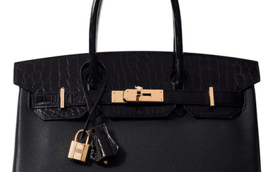Hermès 30cm Black Epsom & Niloticus Crocodile Birkin Touch...
